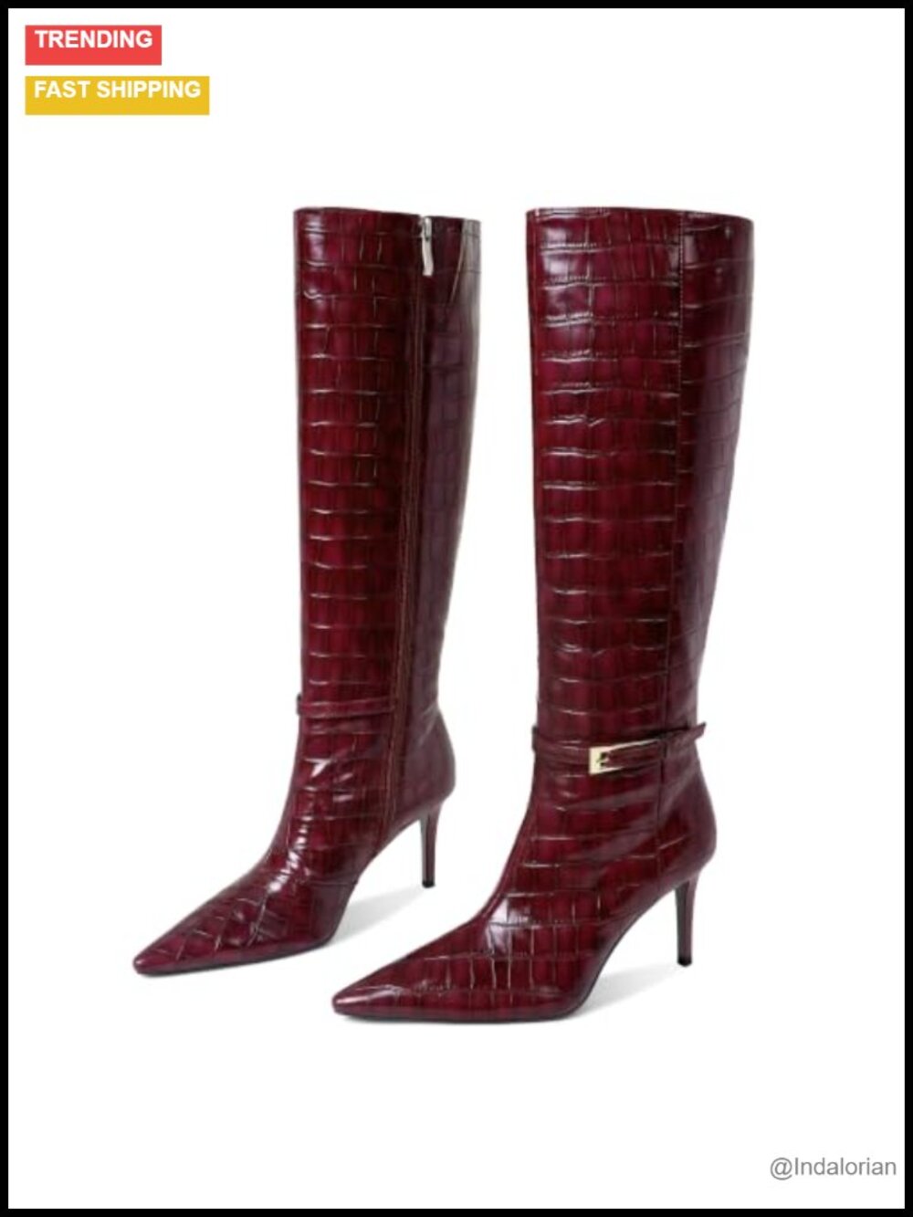 Faux Leather Knee High Stiletto Boots Pointed Toe Croc Embossed Tall Boots